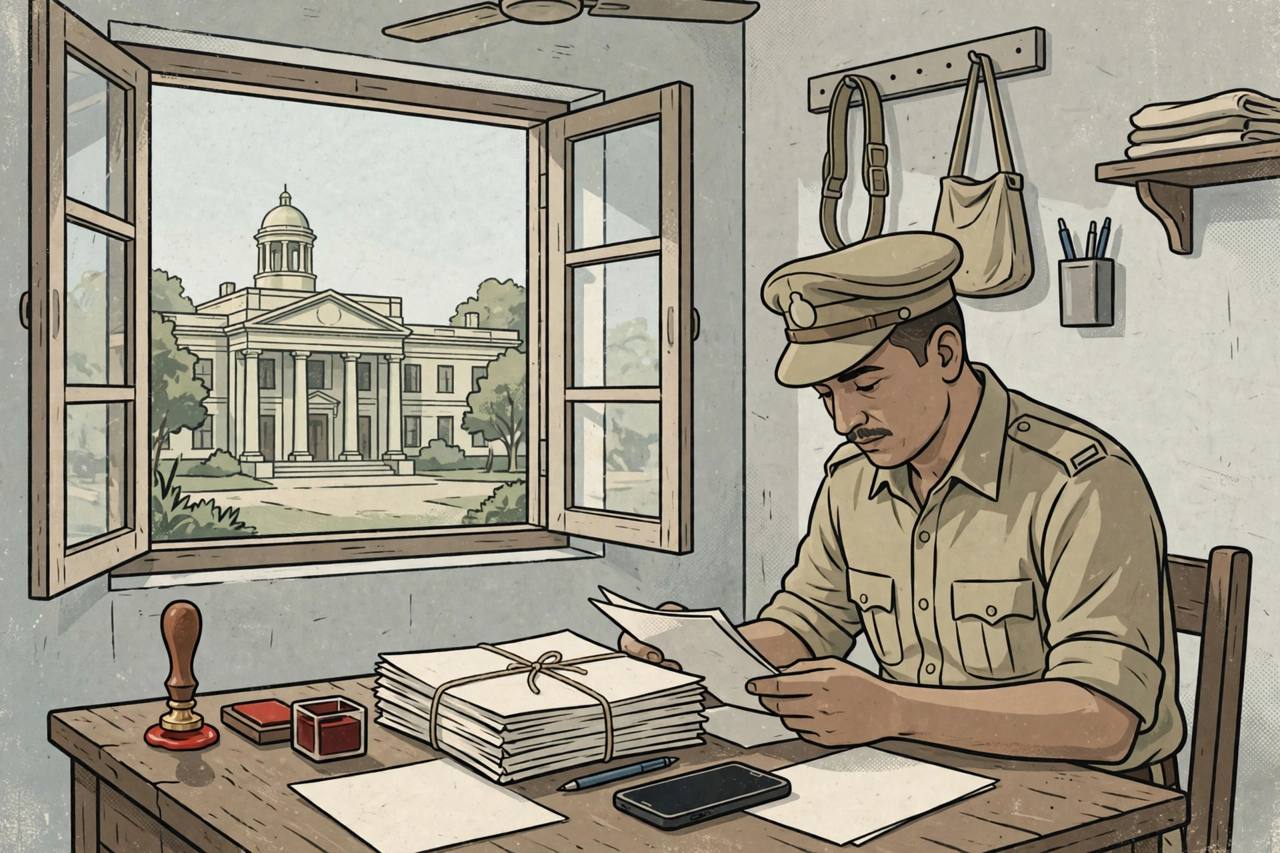 (Editorial illustration) A police officer at a desk examining official documents and a smartphone, with a courthouse building visible through the window
