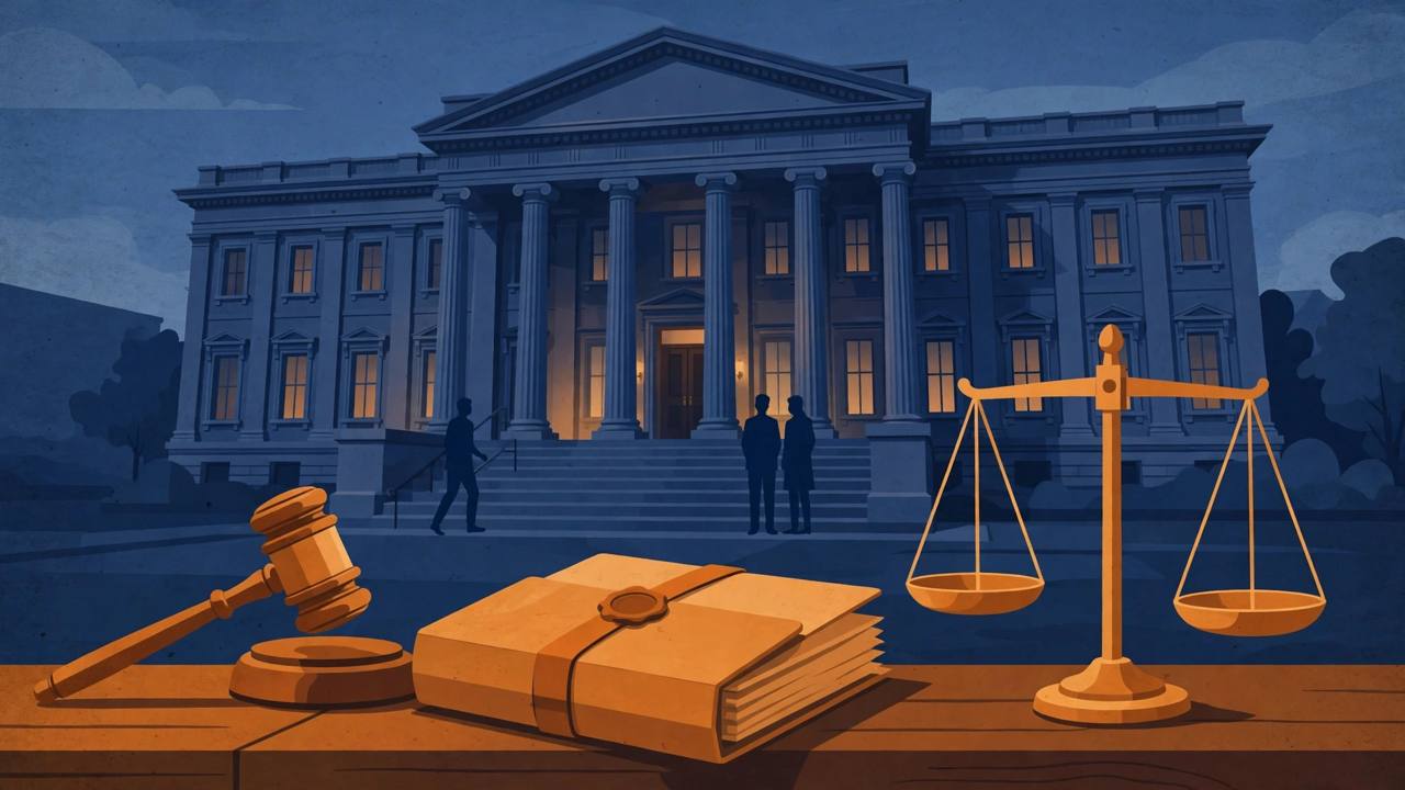 (Editorial illustration) A courthouse at dusk with a gavel, a sealed case file and scales of justice in the foreground