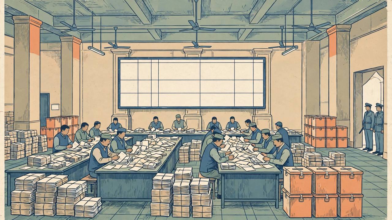 Editorial illustration of officials sorting paper ballot bundles at long tables inside an election counting hall, with sealed ballot boxes stacked nearby and a blank results board on the wall