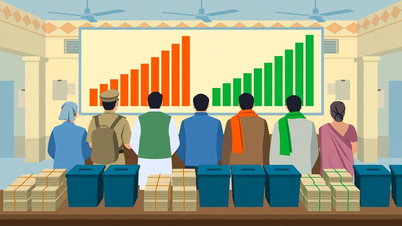 Editorial illustration of generic officials and party workers watching a large tally board with orange and green bar charts in a vote-counting hall, with ballot boxes and paper ballot bundles on tables in the foreground