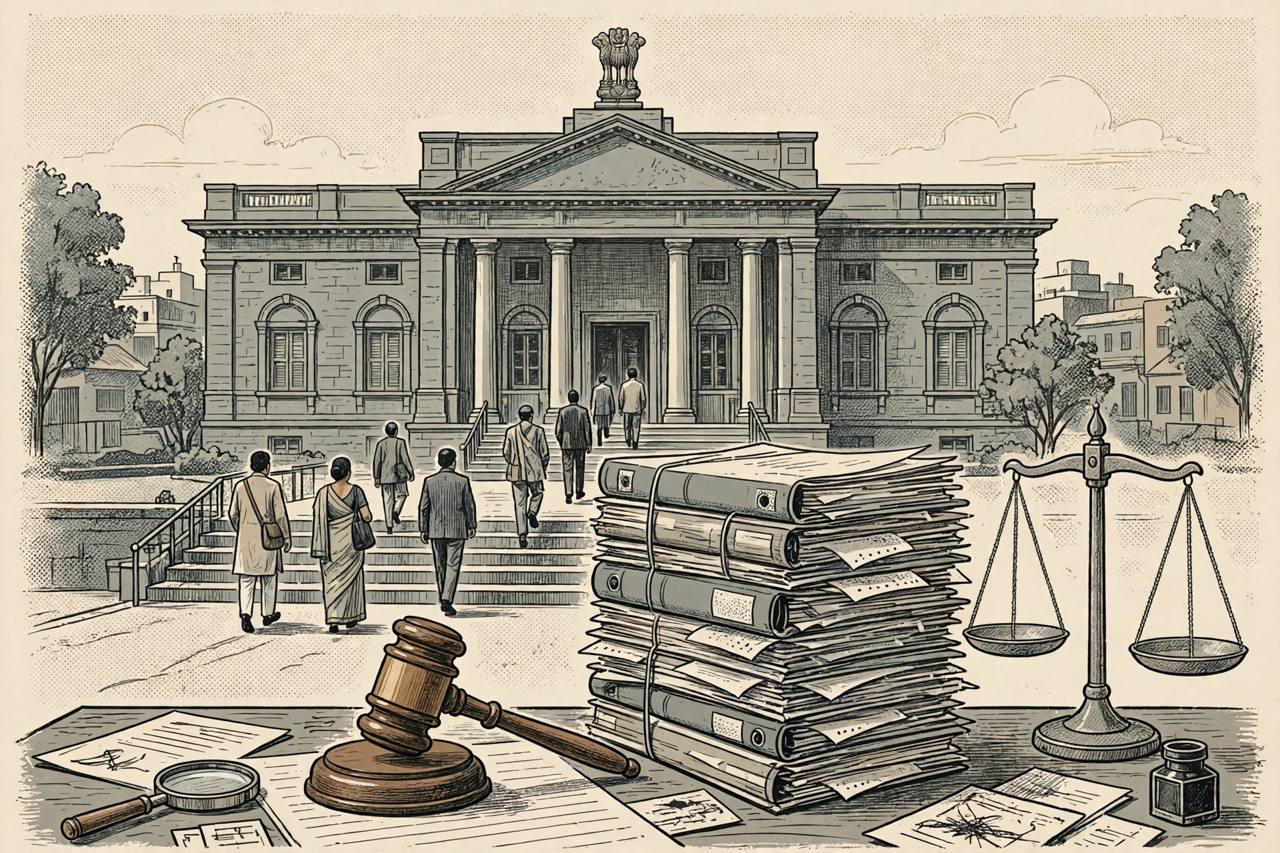 (Editorial illustration) A district court building in Muzaffarnagar with a gavel and a tall stack of case files — flat style, generic figures only, no real person depicted