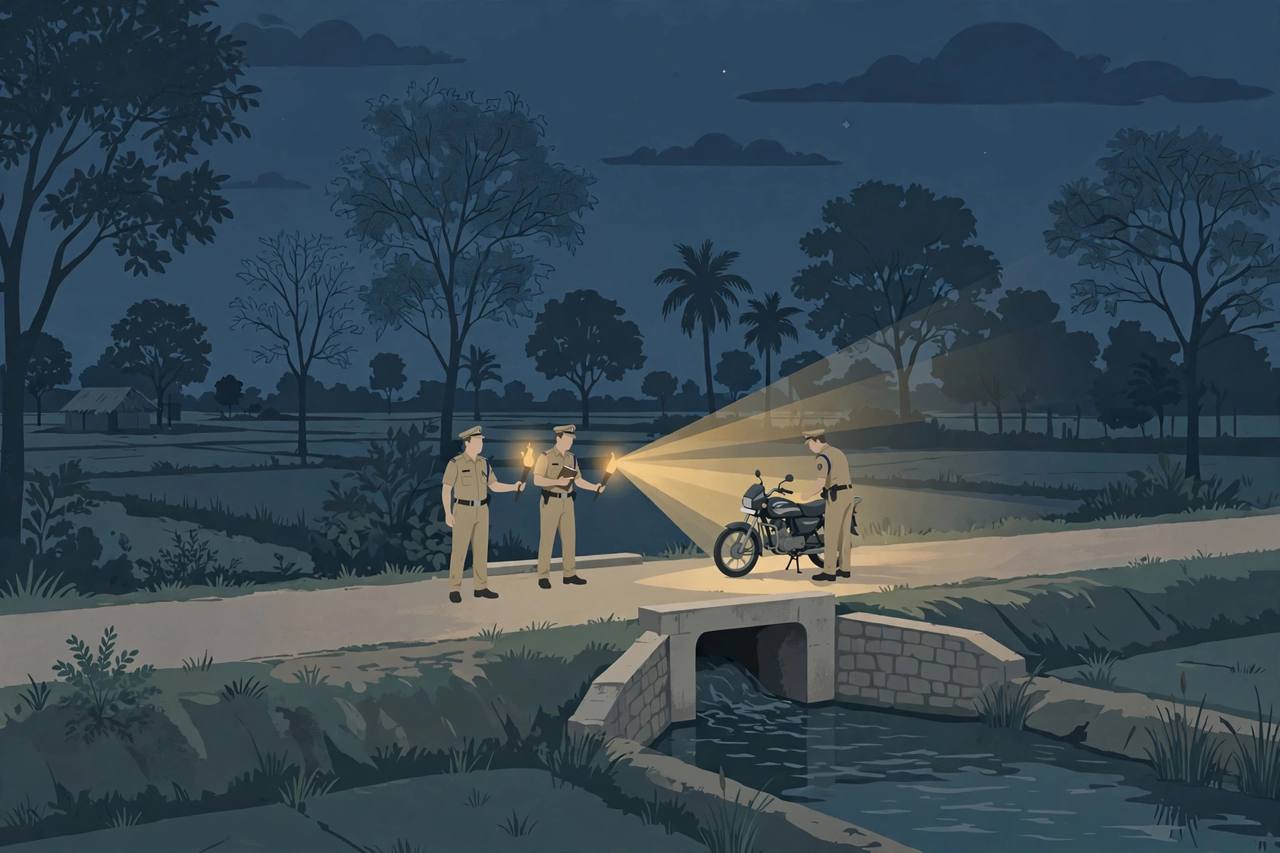 Editorial illustration: police officers conducting a vehicle check on a rural canal road at night, a motorcycle stopped at the roadside