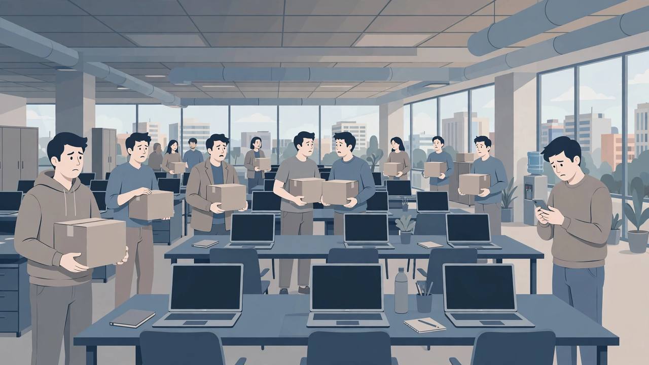 Editorial illustration of office workers holding packed cardboard boxes beside rows of darkened laptops in a modern office