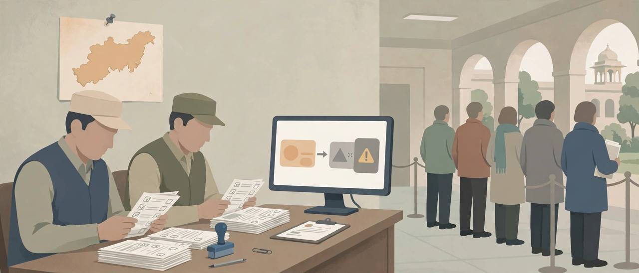 Editorial illustration of officials checking voter rolls in Uttar Pradesh