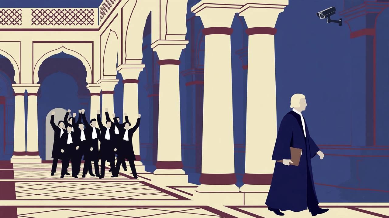 Editorial illustration of lawyers in black coats protesting in a pillared high court corridor while a CCTV camera watches and a robed judge walks past