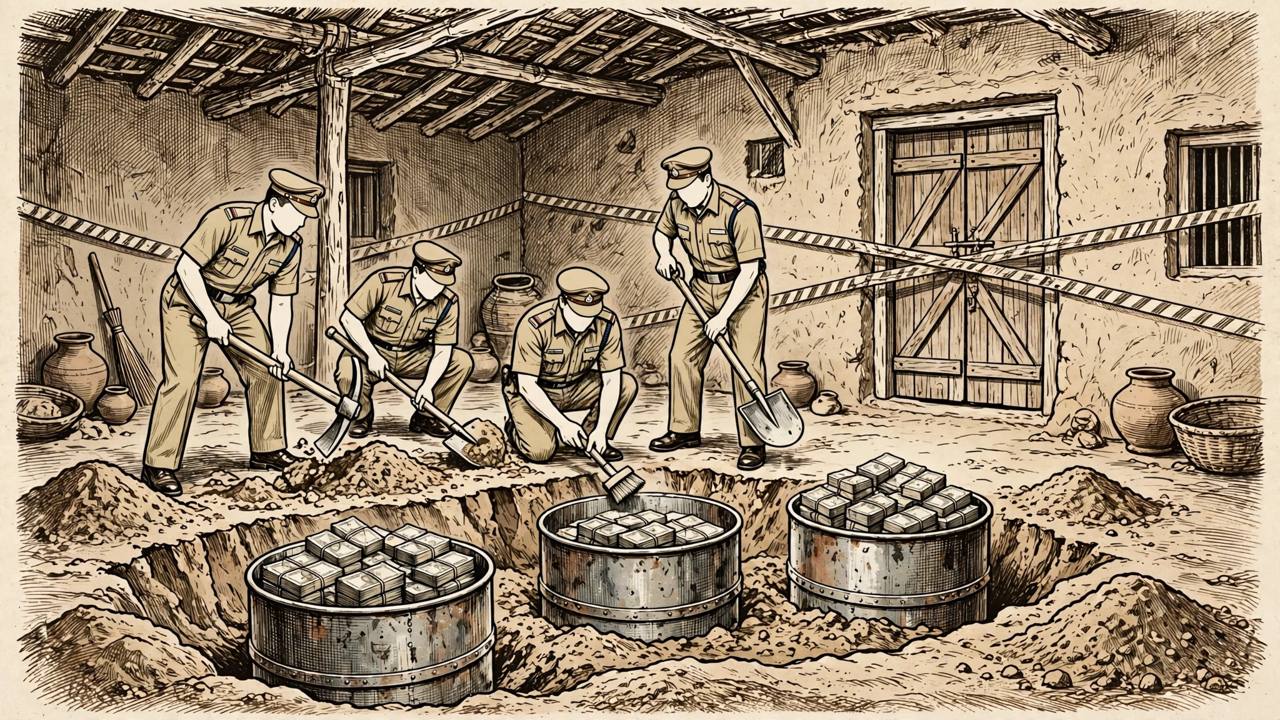 Editorial illustration of police officers excavating a village house floor in Prayagraj and uncovering steel drums filled with currency note bundles