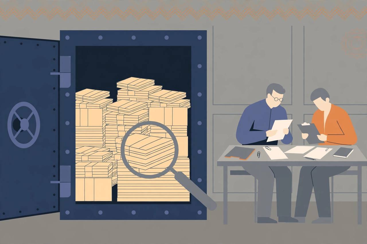 Editorial illustration of investigators examining currency notes at a bank currency chest