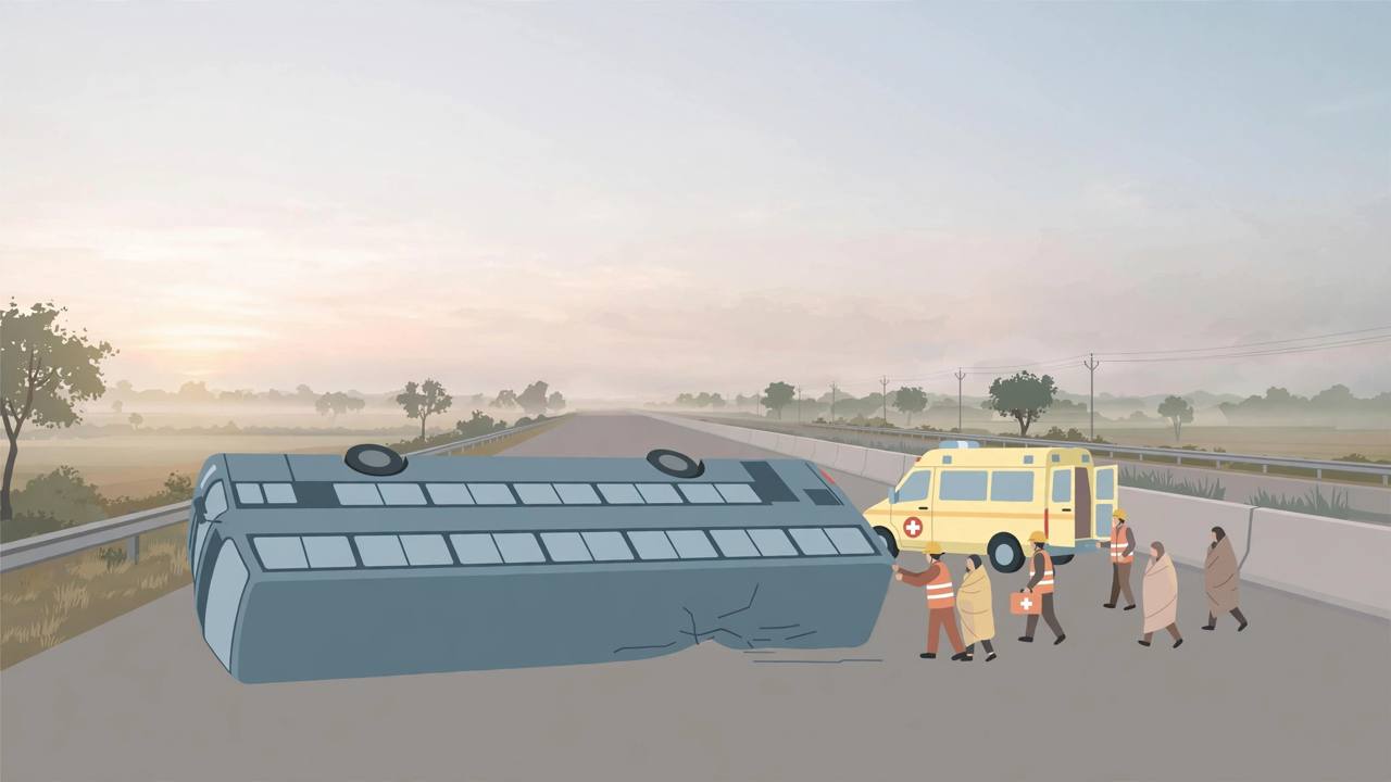 Editorial illustration of an overturned double-decker sleeper bus on an expressway at dawn, with an ambulance and rescue workers helping passengers