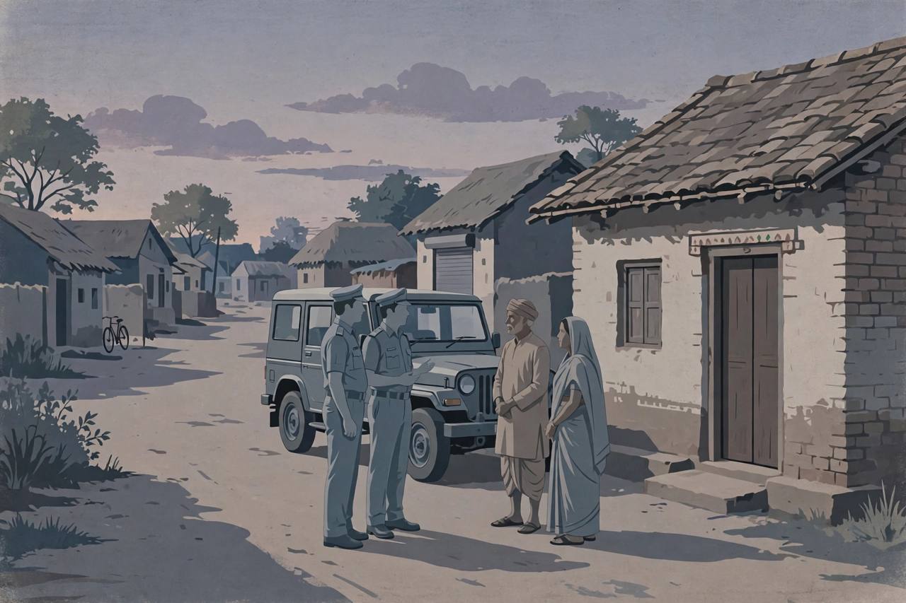 Editorial illustration of police officers speaking with villagers outside a house in a Uttar Pradesh village at dusk
