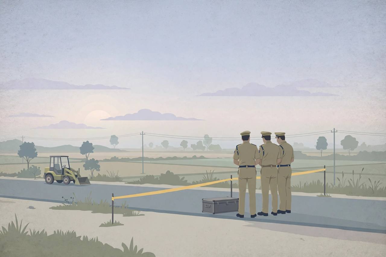 Editorial illustration of police examining a closed metal trunk at a cordoned highway service lane in Unnao at dawn
