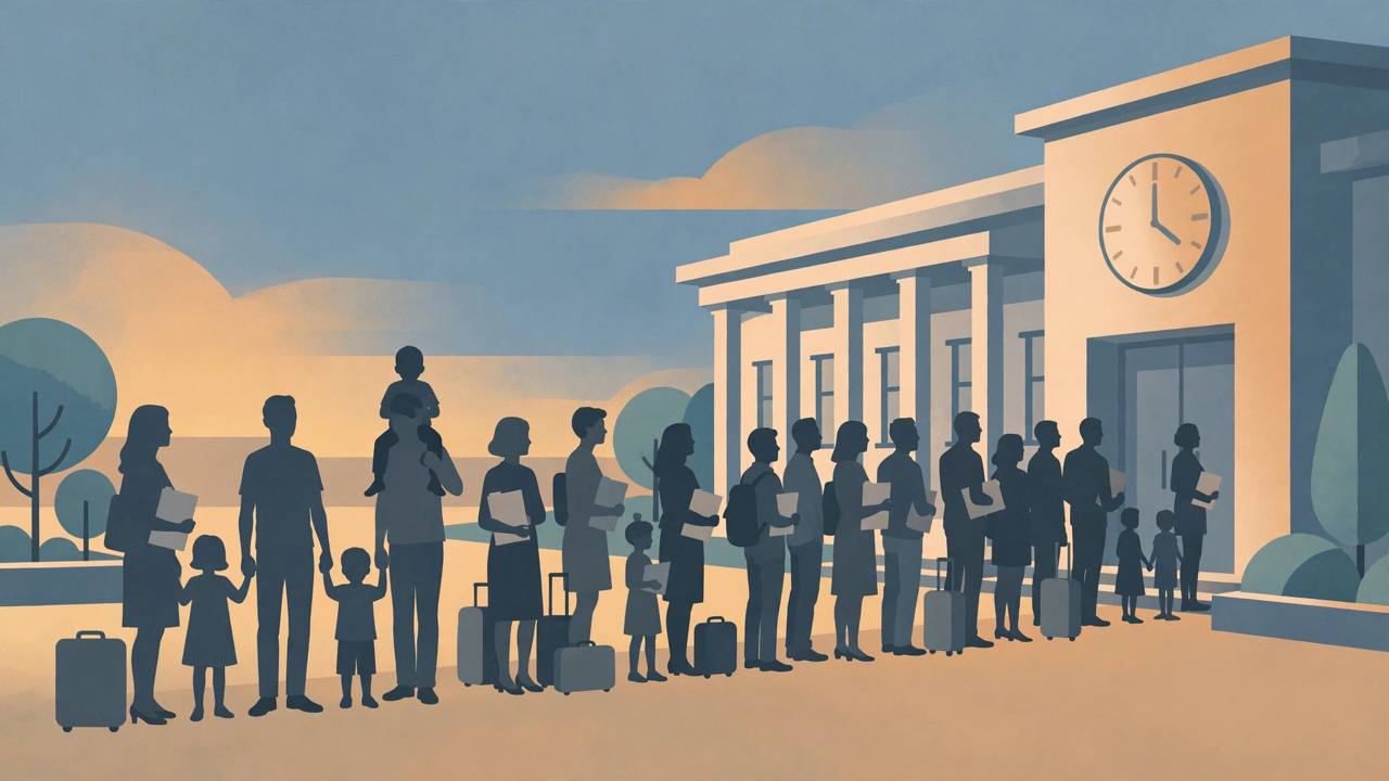 Editorial illustration of generic families with folders and suitcases waiting in a long queue outside a government consulate building beneath a large clock, flat style, no real person depicted, no text