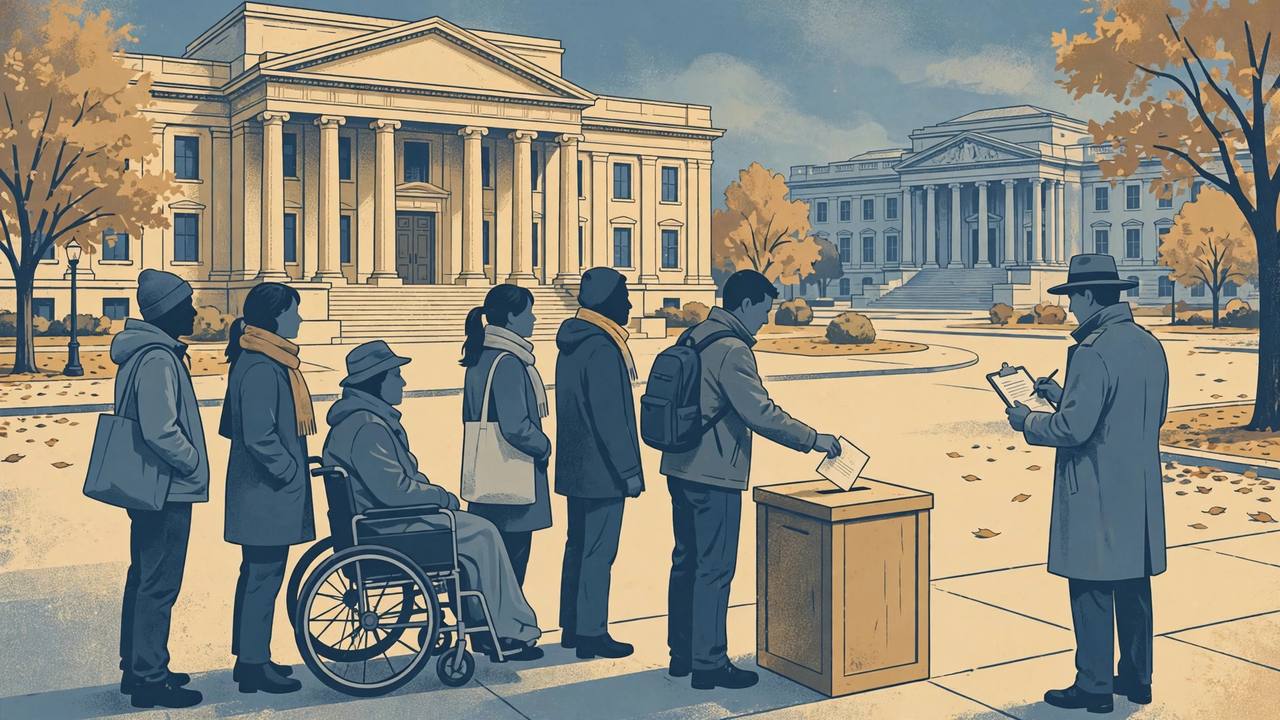 Editorial illustration of voters queuing to place ballots in a ballot box outside a courthouse, with an investigator holding a clipboard standing apart