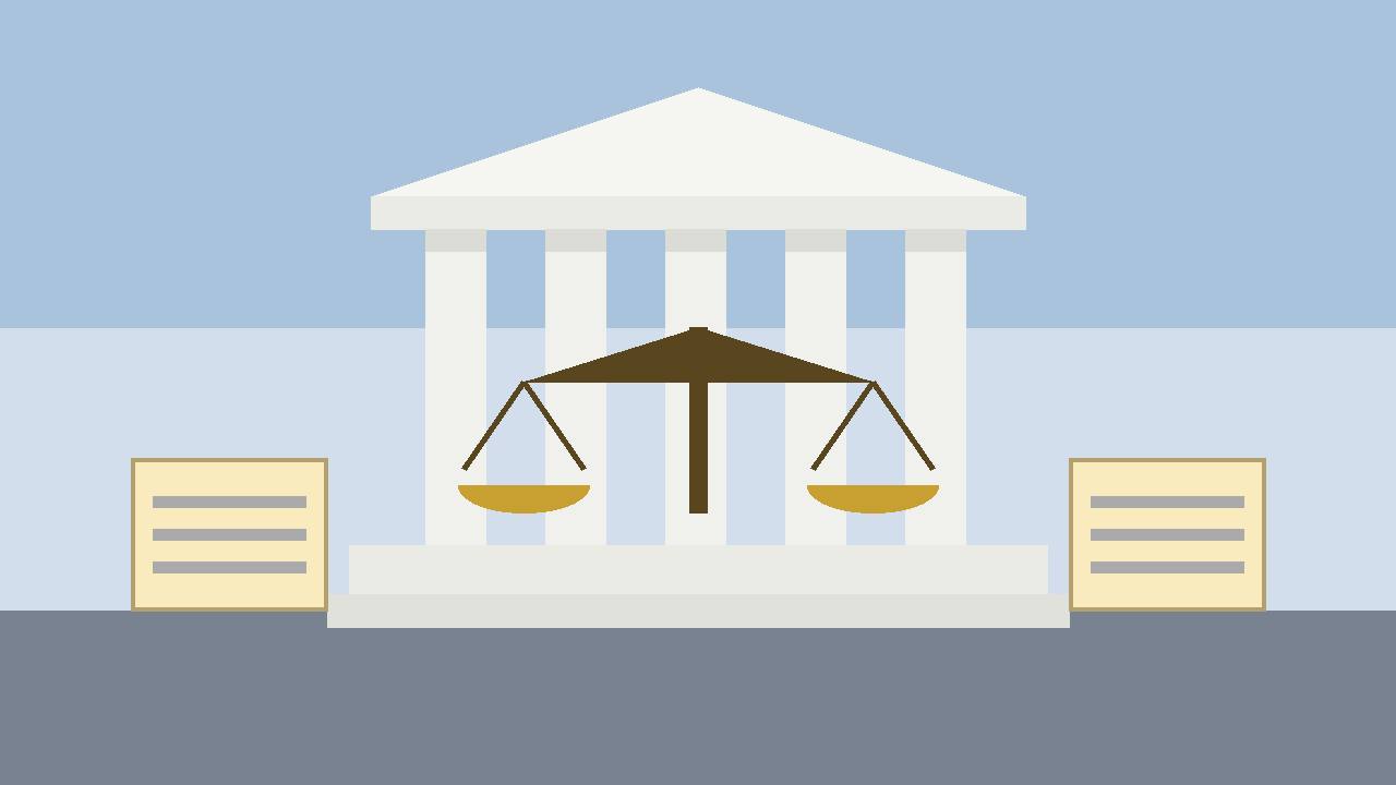 Editorial illustration of a courthouse with columns, the scales of justice and legal document folders