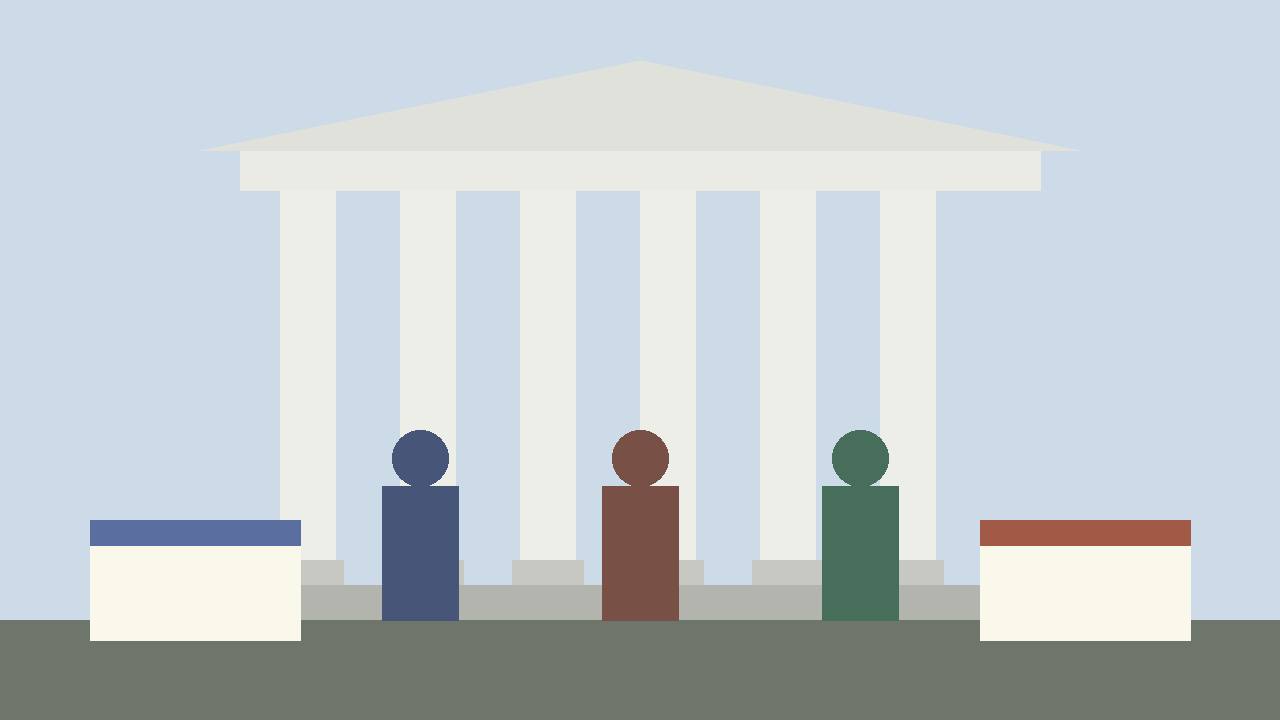 Editorial illustration of a generic courthouse with columns and three generic figures holding plain documents in the foreground, flat style, no text, no real person's face