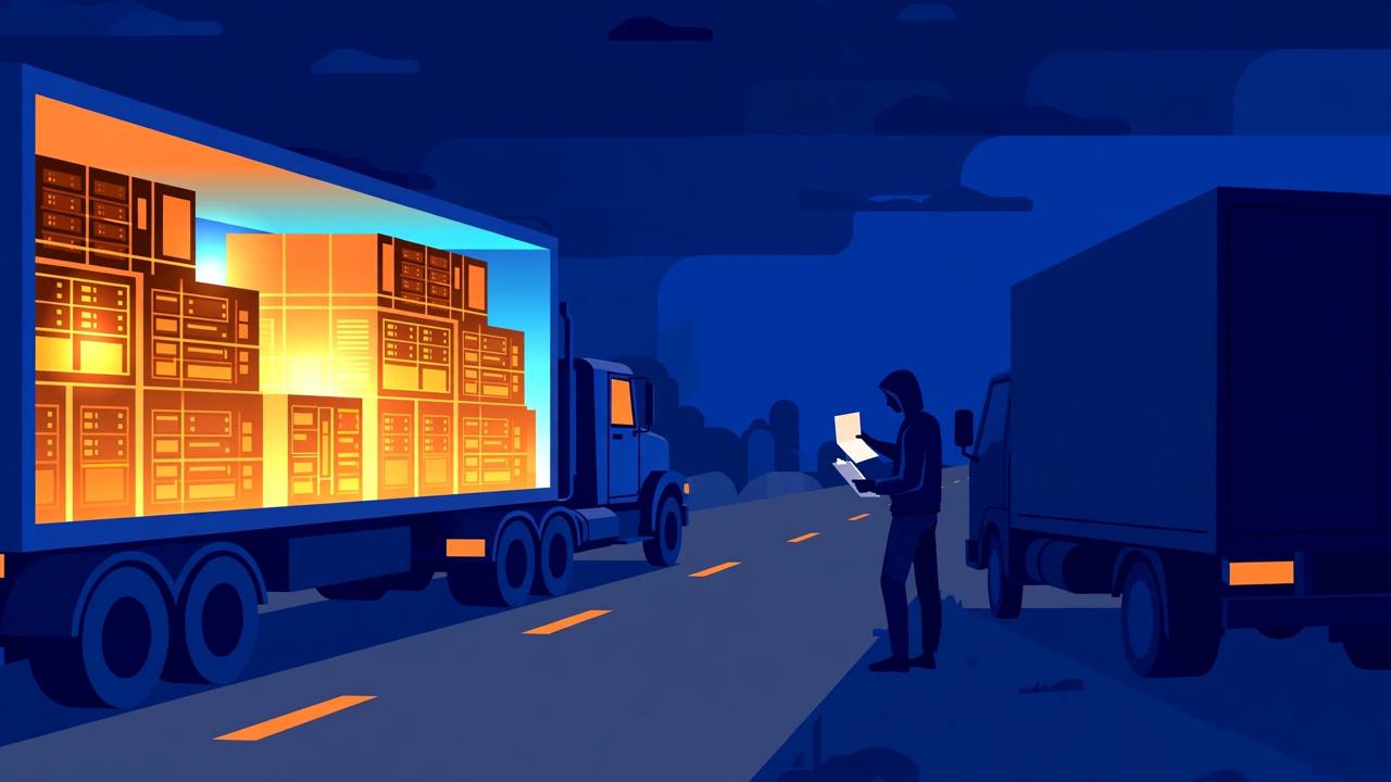 Editorial illustration of a semi truck carrying glowing AI server racks at night while a silhouetted figure holds forged shipping papers beside an unmarked truck