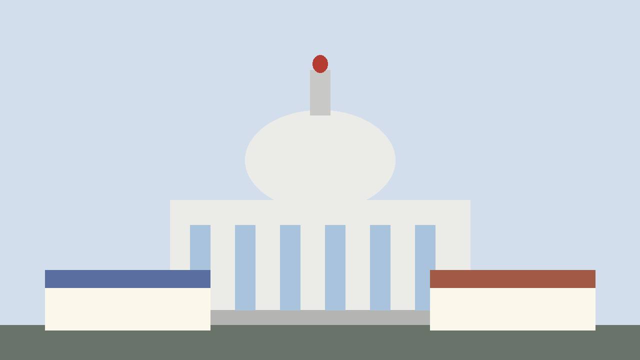 Editorial illustration of a generic Capitol-style dome building with plain ballot and donation papers in the foreground, flat style, no text, no flags, no real person's face