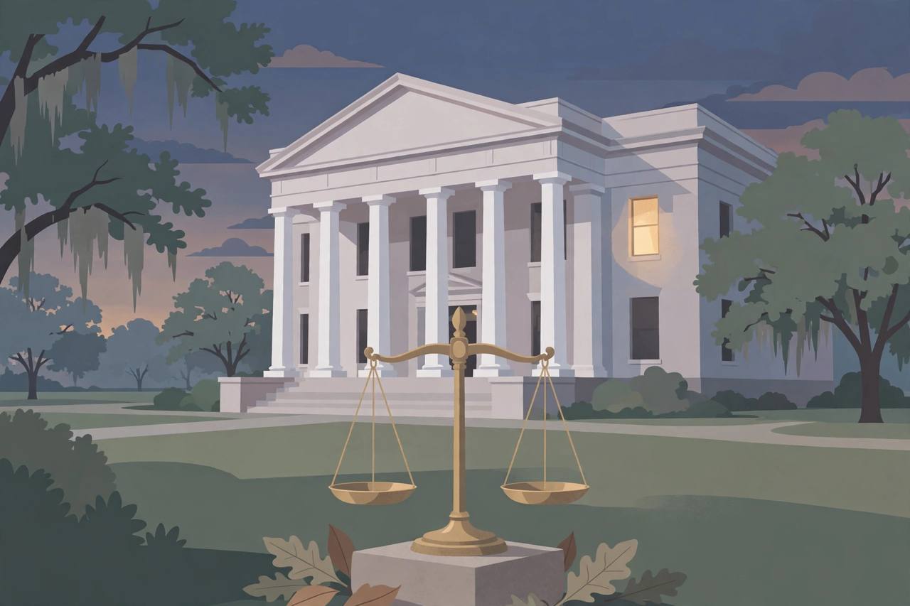 Editorial illustration of a courthouse with white columns at dusk and a scale of justice in the foreground