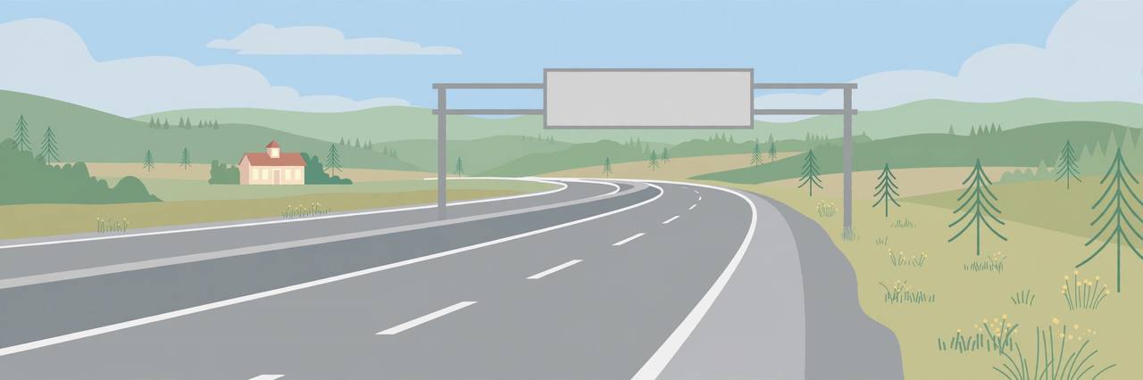 Editorial illustration of an empty Alabama interstate highway and a distant schoolhouse — no buses, no people, no children and no crash depicted