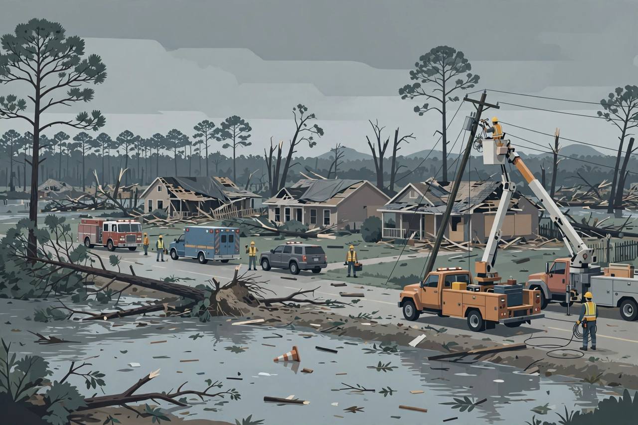 Editorial illustration of hurricane recovery in Alabama: flooded road, fallen trees, damaged houses and utility crews repairing power lines