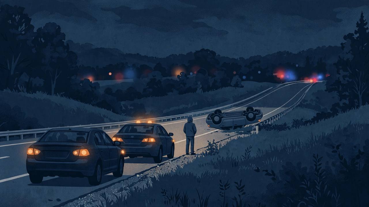 Editorial illustration of a nighttime Alabama highway with an overturned car in the distance, two stopped cars with hazard lights on, and a lone generic figure standing at the roadside — no real person's face is shown