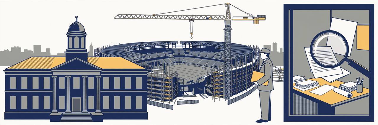 Editorial illustration of a city hall building beside a large arena under construction with a tower crane, a generic official holding a folder, and a magnifying glass over financial documents, flat style, no text