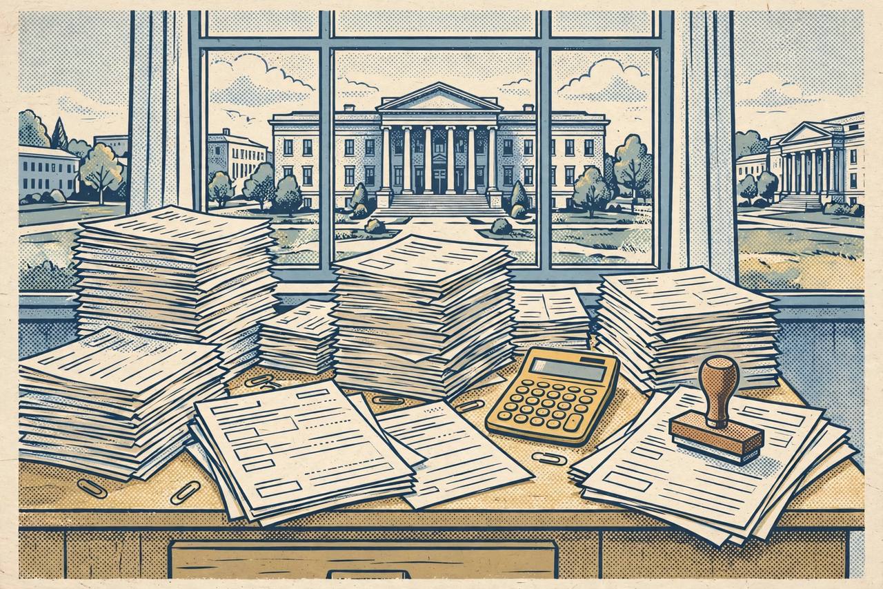 Editorial illustration of a desk piled high with tax return forms, a calculator and a stamp, with a federal courthouse visible through the window
