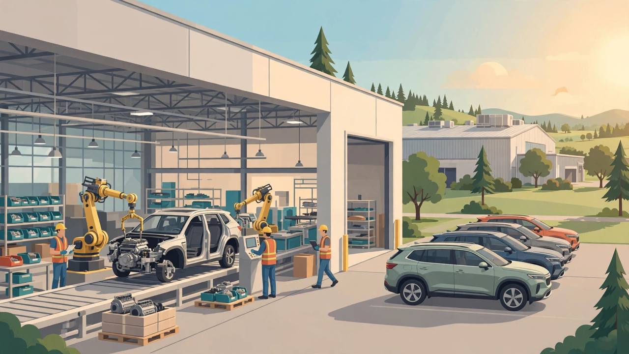 Editorial illustration of a car factory assembly line building SUVs and hybrid engines, with finished SUVs parked outside the plant