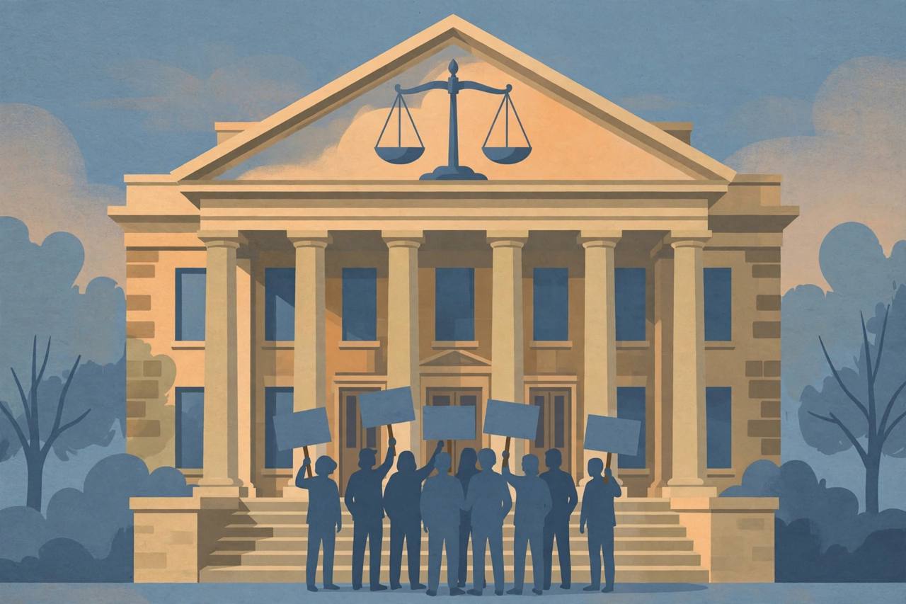 Flat editorial illustration of a courthouse with generic figures holding blank solidarity signs on the steps and a scale of justice behind, no text, no real person