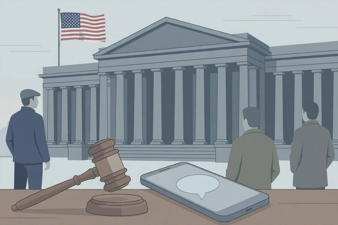 Editorial illustration of a federal courthouse, a gavel and a generic smartphone, flat style, no real person depicted