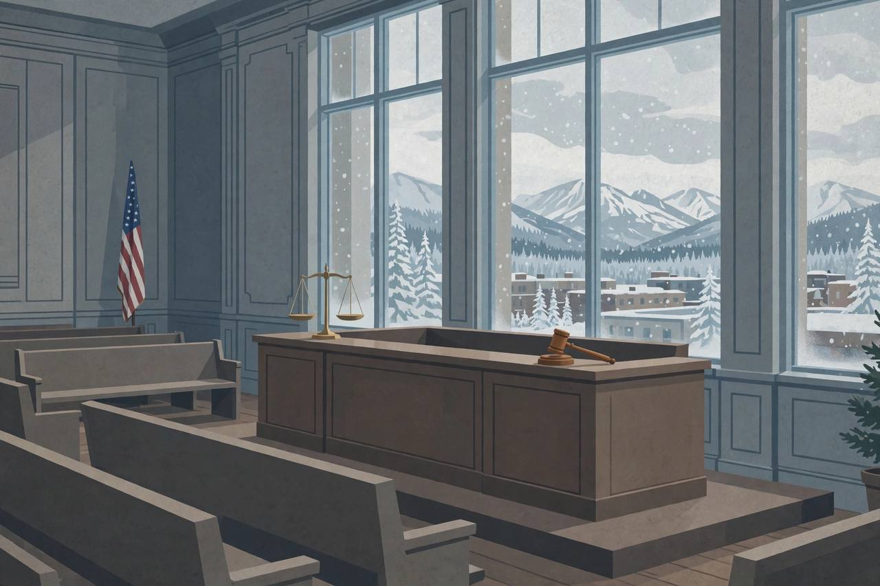 Editorial illustration of a somber courthouse courtroom with an empty judge's bench, a gavel and scales of justice in muted winter light, flat style, no people, no text