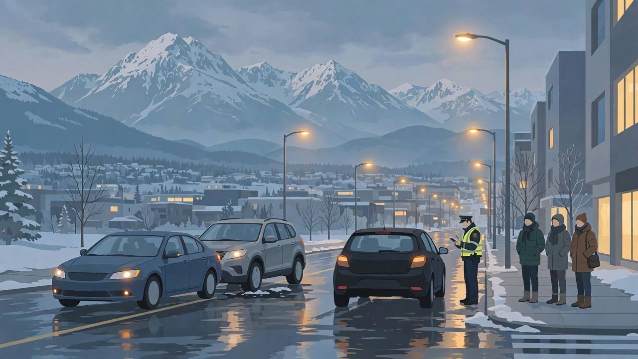 Editorial illustration of an Anchorage street at dusk beneath snow-capped mountains, with cars stopped after a minor collision and a traffic officer nearby; no incident injuries depicted