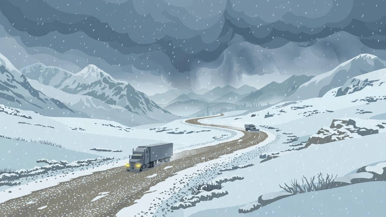 Editorial illustration of a semi-truck with headlights on driving a snow-covered gravel haul road between snowy Alaska mountains in falling snow, a snowplow in the distance; flat style, generic figures only, no real person is depicted
