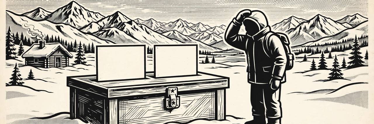 Editorial illustration of a ballot box with two blank, almost identical name plates in snowy Alaska, a confused generic voter beside it, flat style, no real person depicted