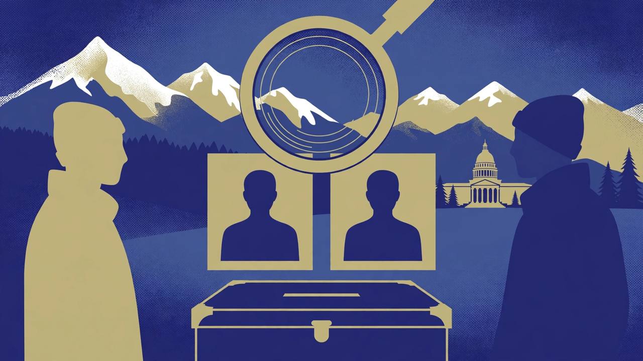 Editorial illustration of a ballot box with two identical blank candidate silhouette cards under a large magnifying glass, snow-capped Alaska mountains and a state capitol building in the background, two generic voter silhouettes at the sides