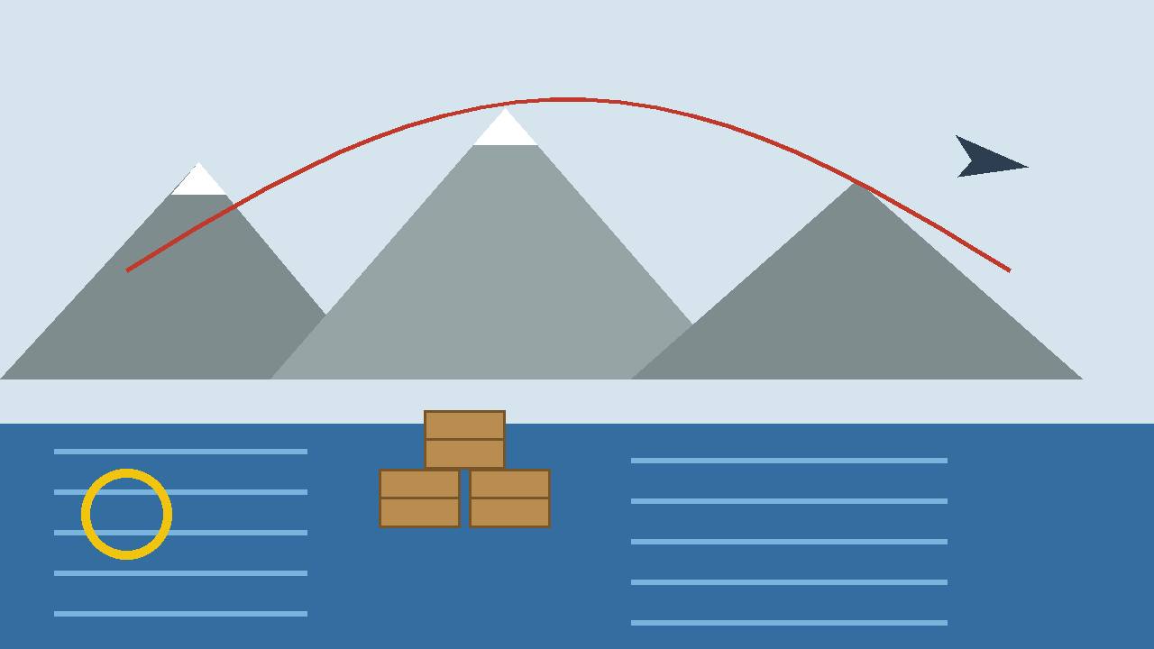Editorial illustration of mountains and water in Alaska with a flight route arc over sealed packages on a dock