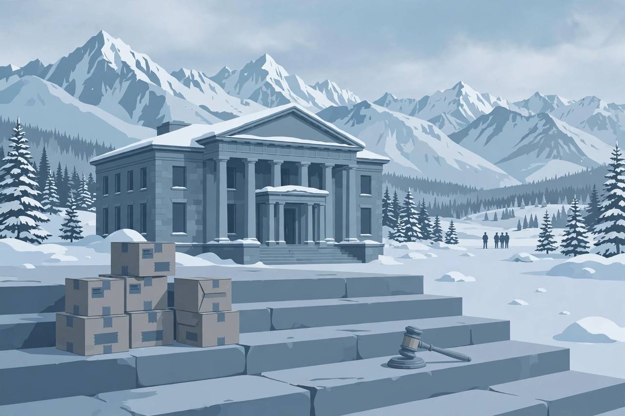Editorial illustration of a generic federal courthouse in Alaska with snow-capped mountains, sealed evidence boxes and a gavel on the steps