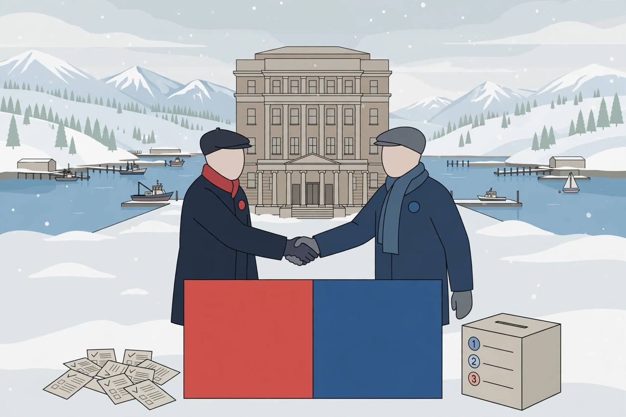 Editorial illustration of the Alaska State Capitol in Juneau with snowy mountains and a harbour behind it, two generic campaign figures shaking hands across a red-and-blue podium and a ranked-choice ballot box nearby