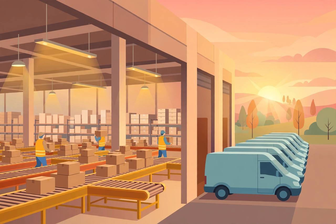Editorial illustration of a fulfilment warehouse interior with conveyor belts of parcels, generic workers in vests and a row of delivery vans outside at sunrise, warm colours, no text