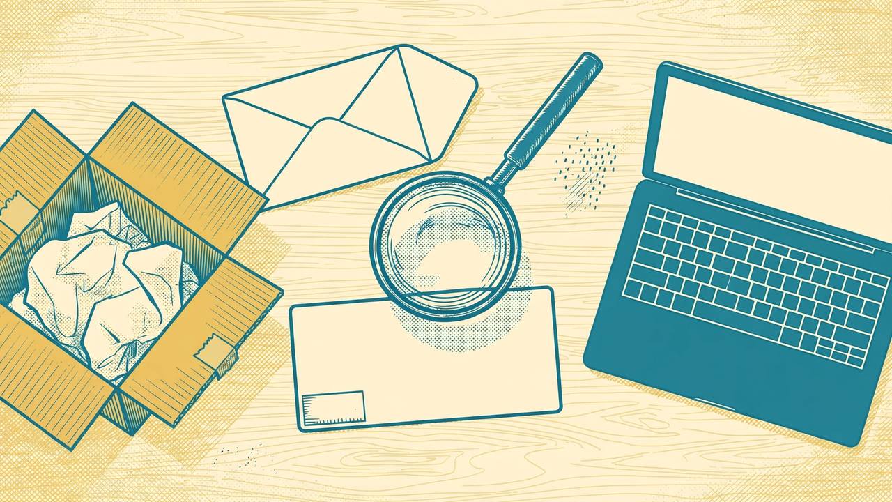 Editorial illustration of an opened envelope, a blank refund cheque under a magnifying glass, a delivery parcel and a laptop on a table, flat style, no text, no real person depicted