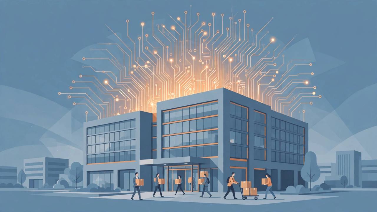 Editorial illustration of generic office workers carrying boxes out of an office building with an AI circuit pattern behind it, flat style, no real person depicted