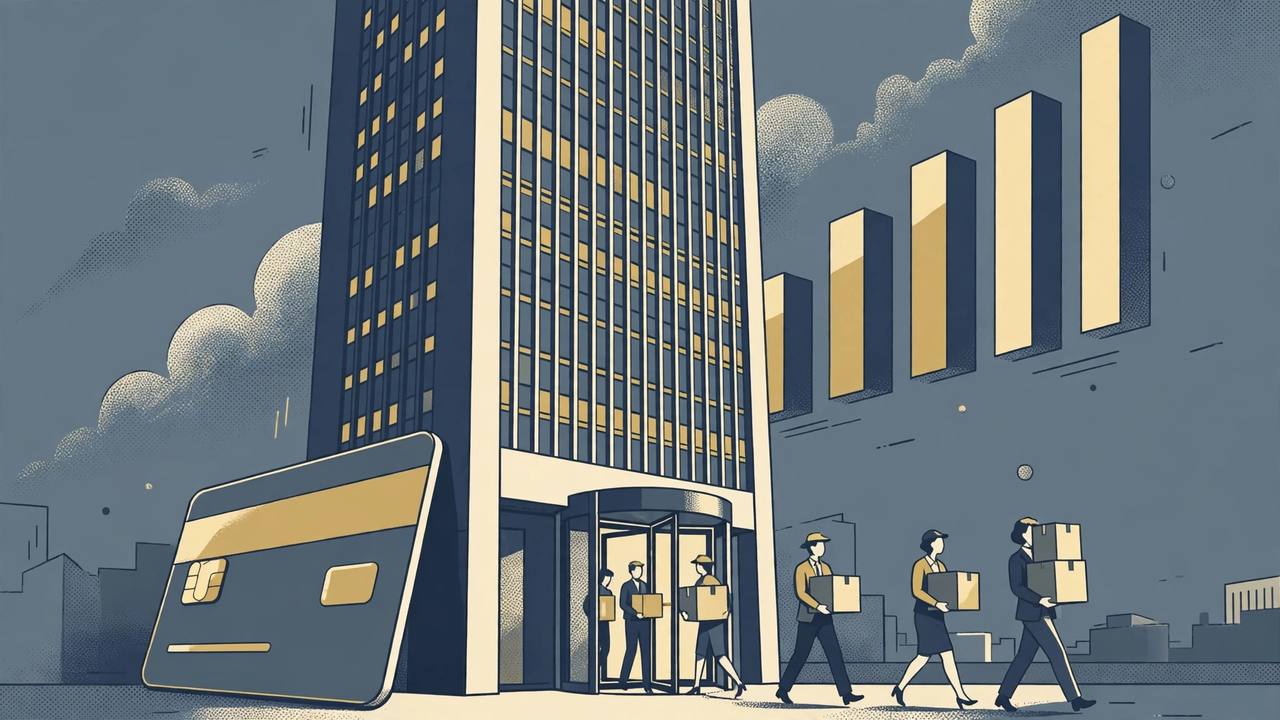 Editorial illustration of a corporate office tower with generic workers carrying boxes, a large generic credit card shape and a rising chart in the background, flat style, no real person depicted