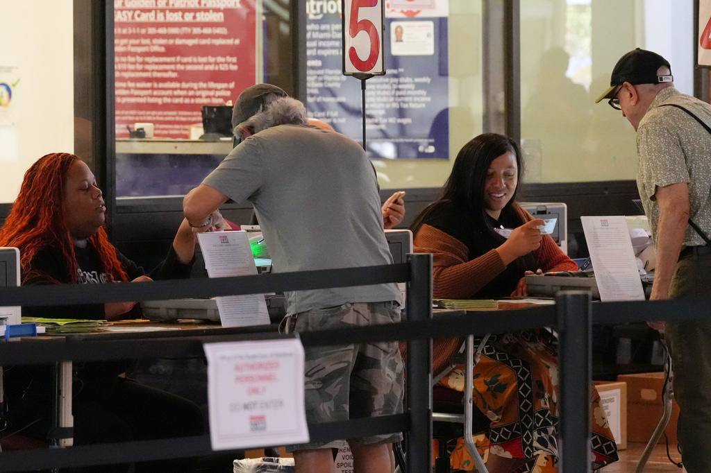 Early voters check in with election workers in Miami-Dade County, Florida