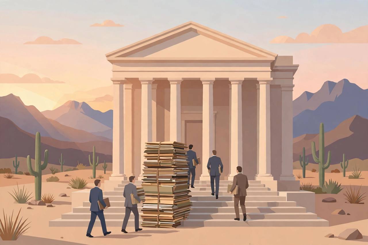 Editorial illustration of a federal courthouse in the Arizona desert at dawn with mountains and saguaro cacti, a tall stack of case files on the steps and generic figures carrying folders