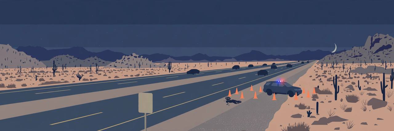 Editorial illustration of a desert interstate highway at night with traffic cones and a generic patrol vehicle investigating, flat style, no real person depicted