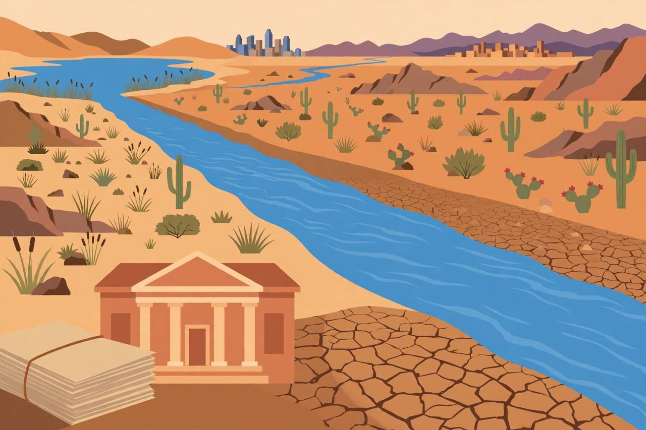 Editorial illustration of a desert canal carrying water from a lake toward Phoenix and Tucson, with a courthouse and legal documents in the foreground