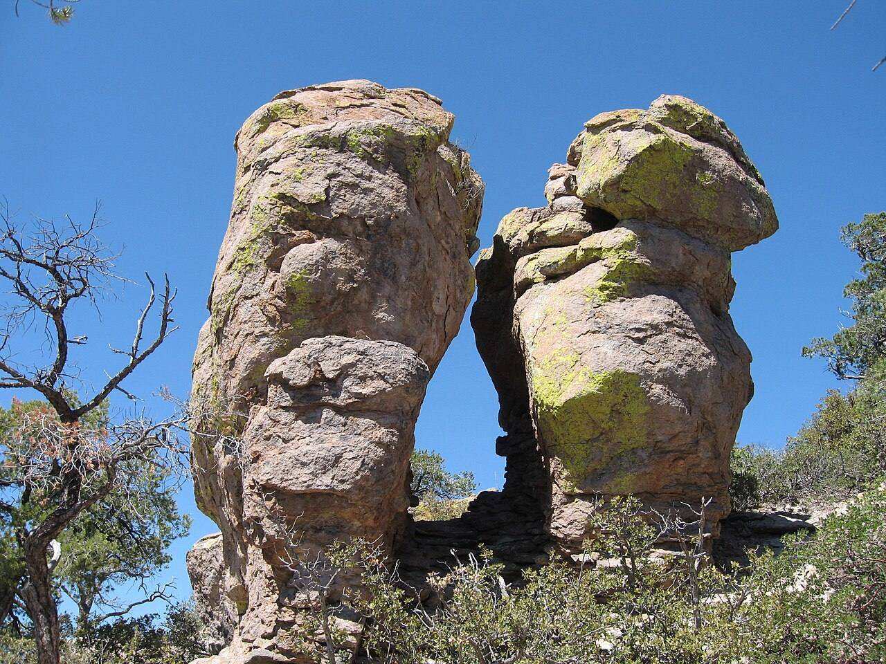 Balanced rock hoodoos at Chiricahua in southeastern Arizona under a blue sky