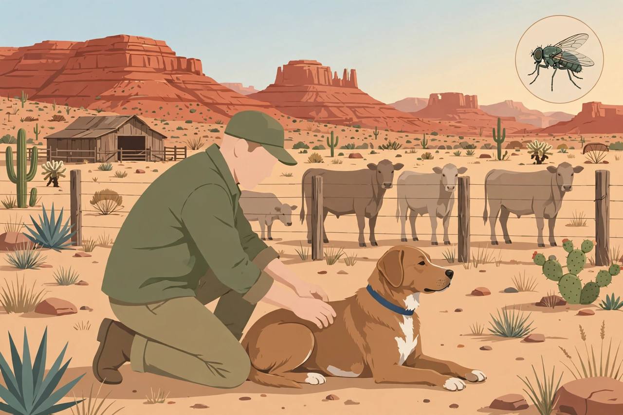 Editorial illustration of a veterinarian examining a dog at a desert ranch in Cochise County, Arizona, with cattle behind a fence and a magnified screwworm fly in an inset circle