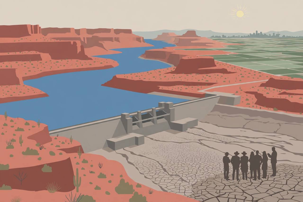 Editorial illustration of the Colorado River winding through a desert canyon past a large dam and a low reservoir, with farm fields and a distant city