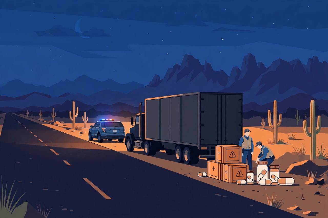 Editorial illustration of a state patrol SUV behind a stopped semi truck on a desert highway in southern Arizona at night, with evidence crates beside the road