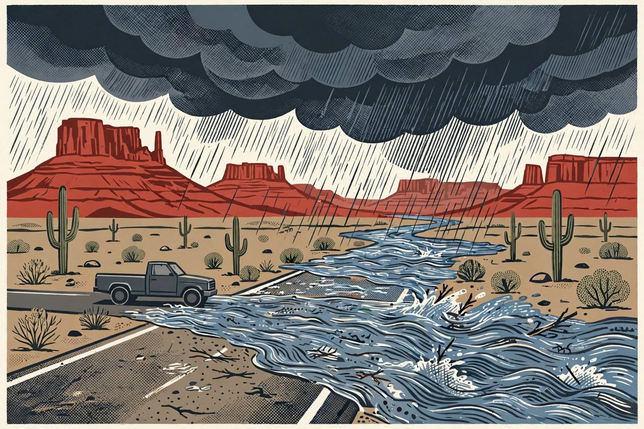 Editorial illustration of an Arizona desert highway under storm clouds with water rushing through a dry wash